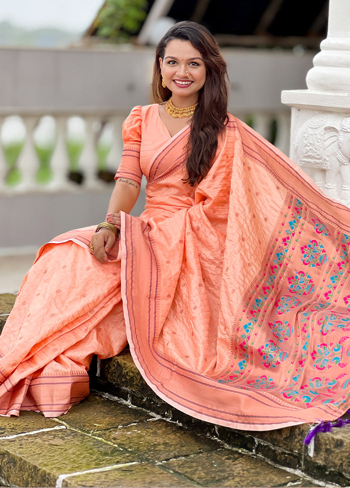 Peach Dupion Silk Saree With Blouse Piece Cheap Sale Get Authentic