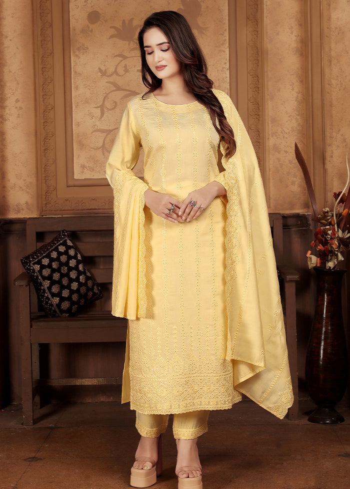 3 Pc Yellow Readymade Chanderi Suit Set Free Shipping Marketable