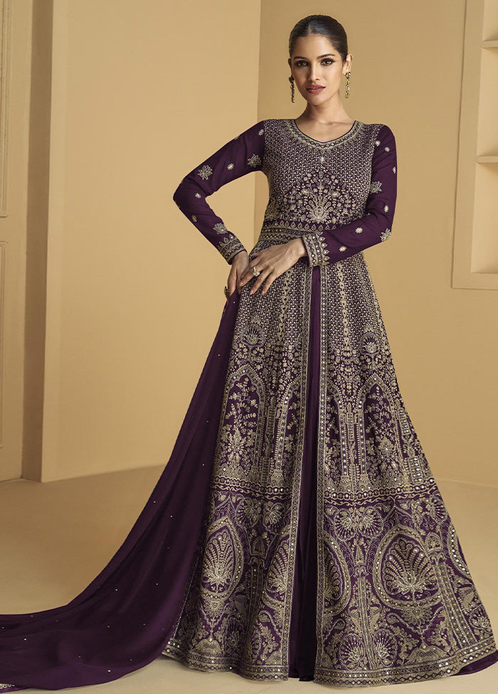 3 Pc Purple Semi Stitched Georgette Suit Set On Hot Sale