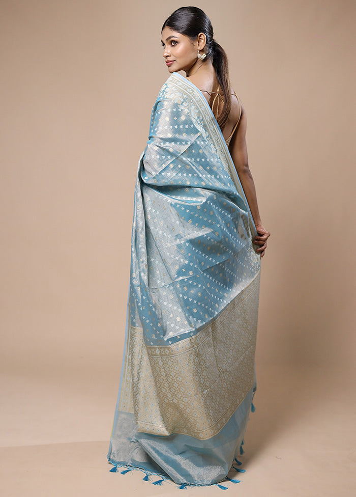 Blue Tissue Silk Saree With Blouse Piece High Quality