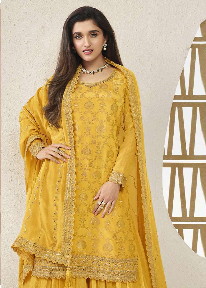 3 Pc Yellow Semi Stitched Viscose Suit Set Countdown Package Cheap Online