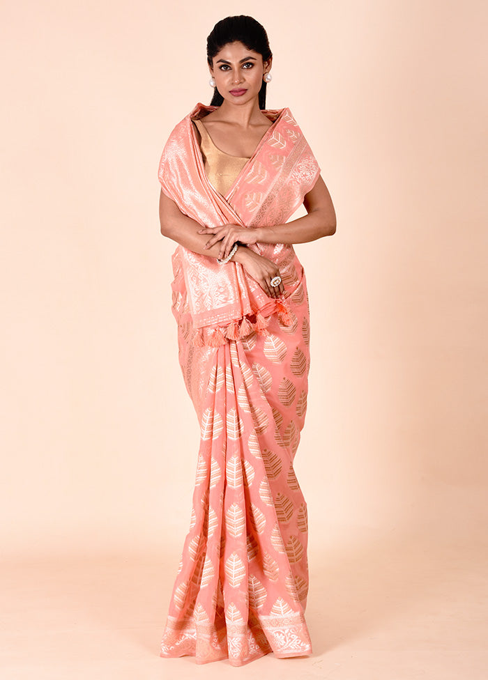 Peach Kora Silk Saree With Blouse Piece Clearance Exclusive