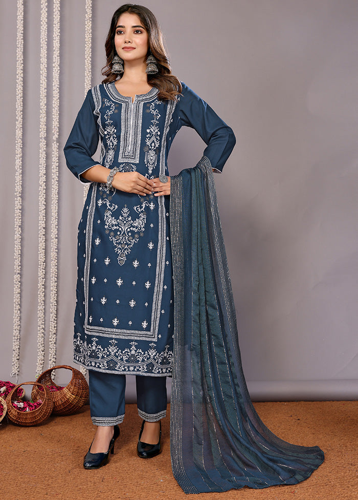 3 Pc Teal Blue Readymade Cotton Suit Set Cheapest Cheap Online