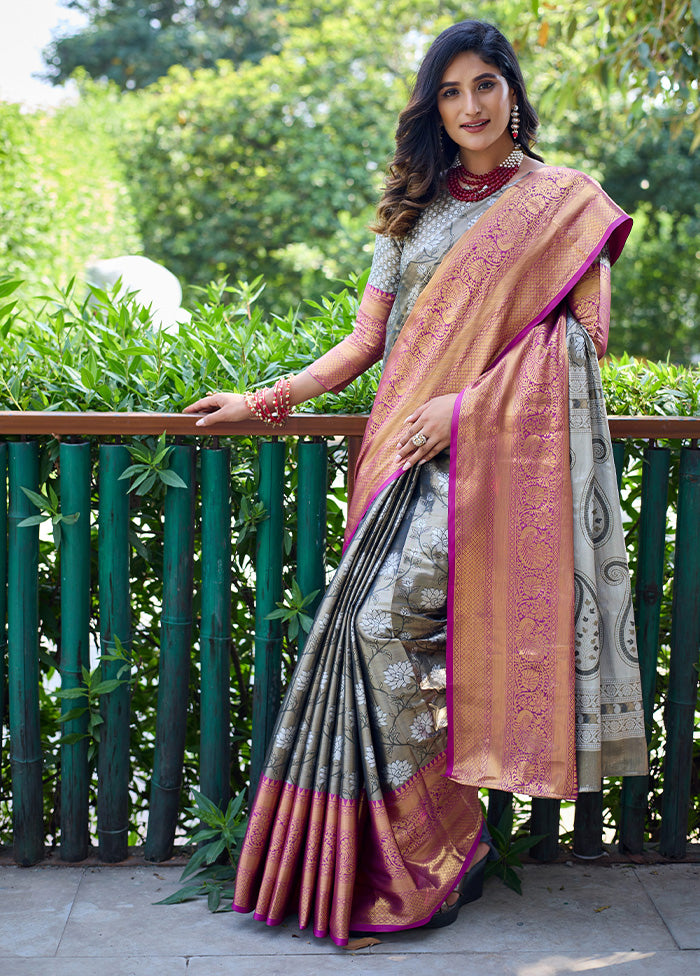 Grey Banarasi Silk Saree With Blouse Piece Recommend Cheap Pice