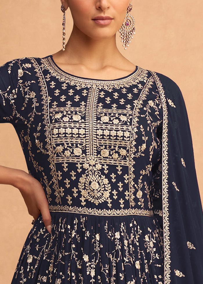 3 Pc Navy Blue Semi Stitched Georgette Suit Set Cheap With Credit Card