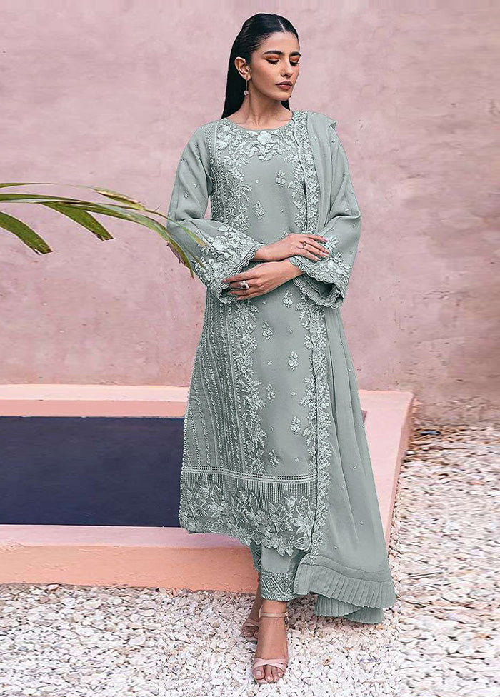 3 Pc Grey Semi Stitched Georgette Suit Set Deals Cheap Pice