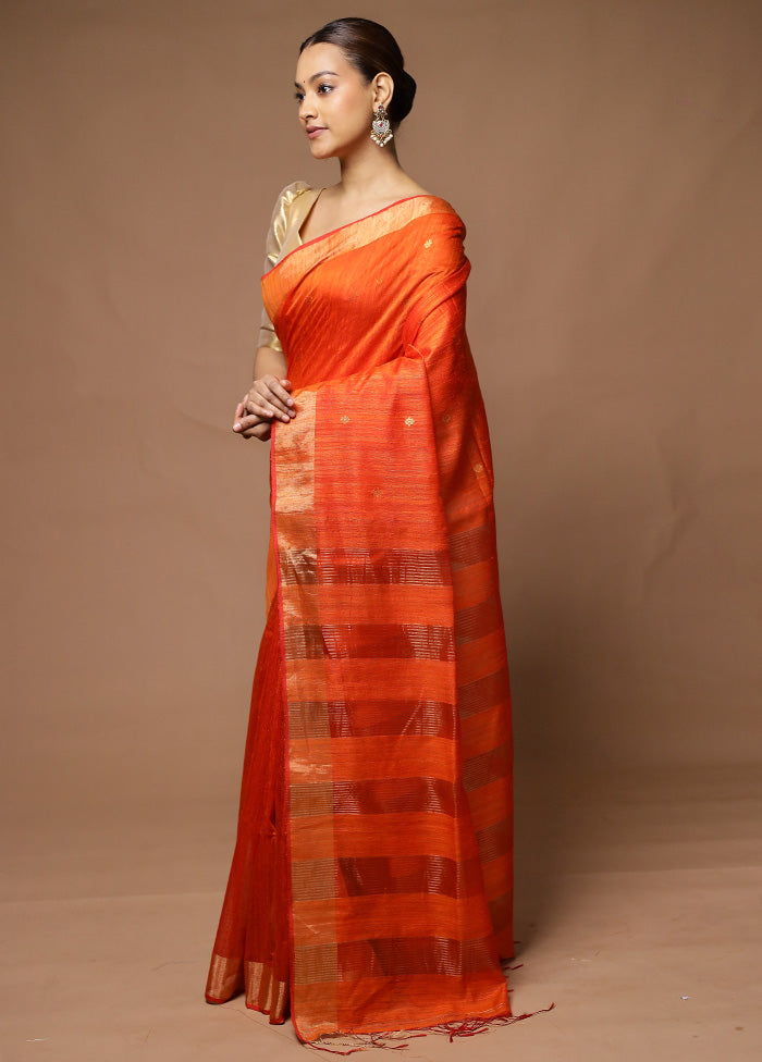 Orange Handloom Matka Pure Silk Saree With Blouse Piece Clearance For Cheap