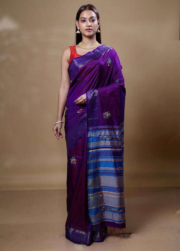 Violet Handloom Tussar Pure Silk Saree With Blouse Piece Best Place Sale Online