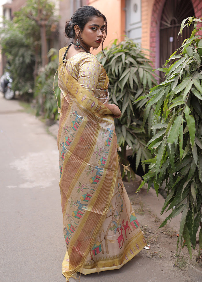 Yellow Tussar Silk Saree With Blouse Piece Discount Supply