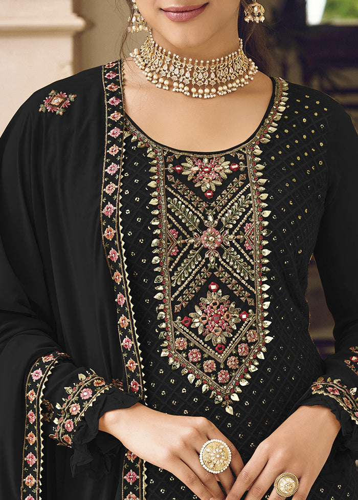 3 Pc Black Semi Stitched Georgette Suit Set Geniue Stockist Online