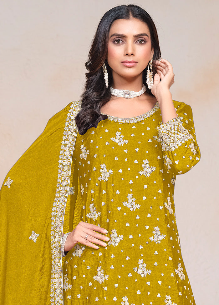 3 Pc Yellow Semi Stitched Silk Suit Set Outlet Genuine