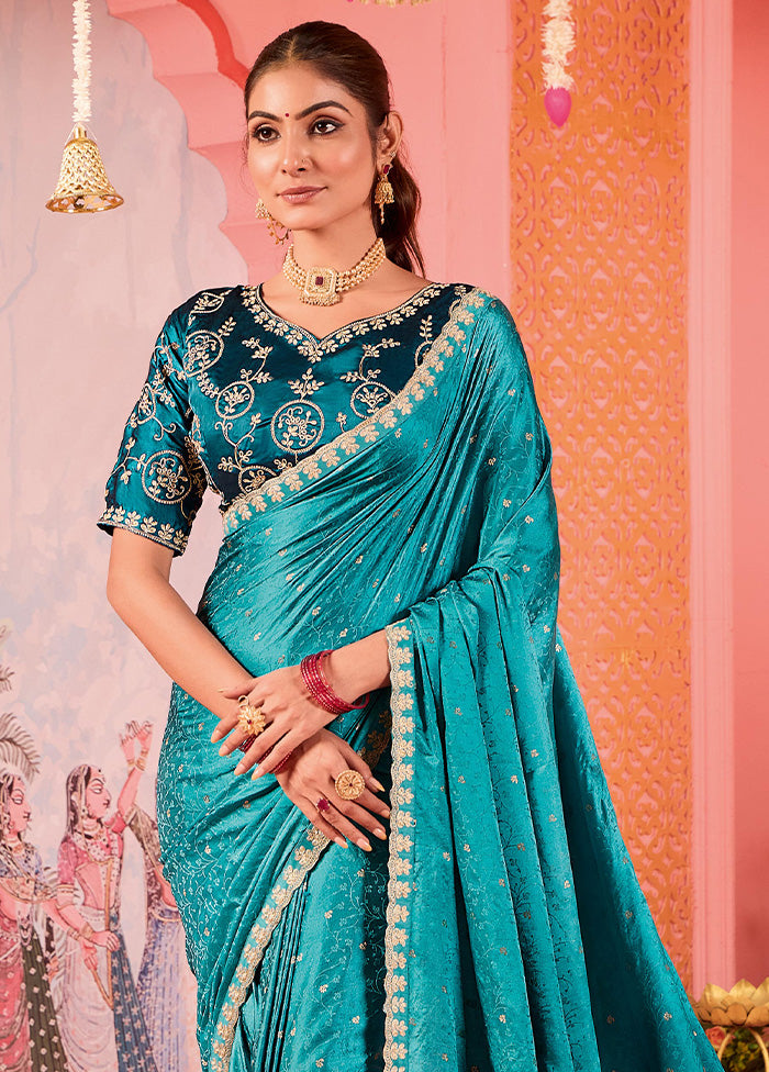 Sea Green Satin Silk Saree With Blouse Piece Shop For Sale