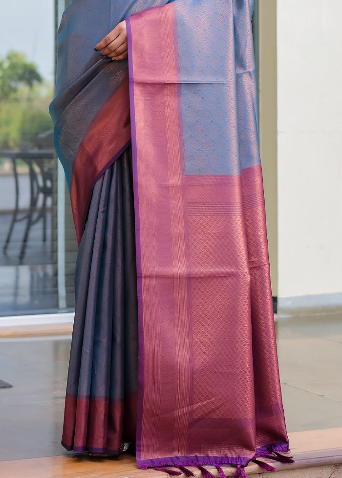 Blue Kanjivaram Silk Saree With Blouse Piece Really Cheap