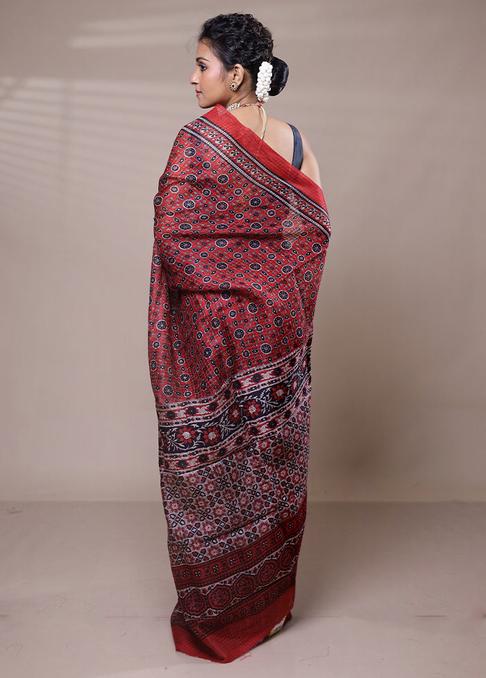 Red Printed Pure Silk Saree Without Blouse Piece Cheap Pirce