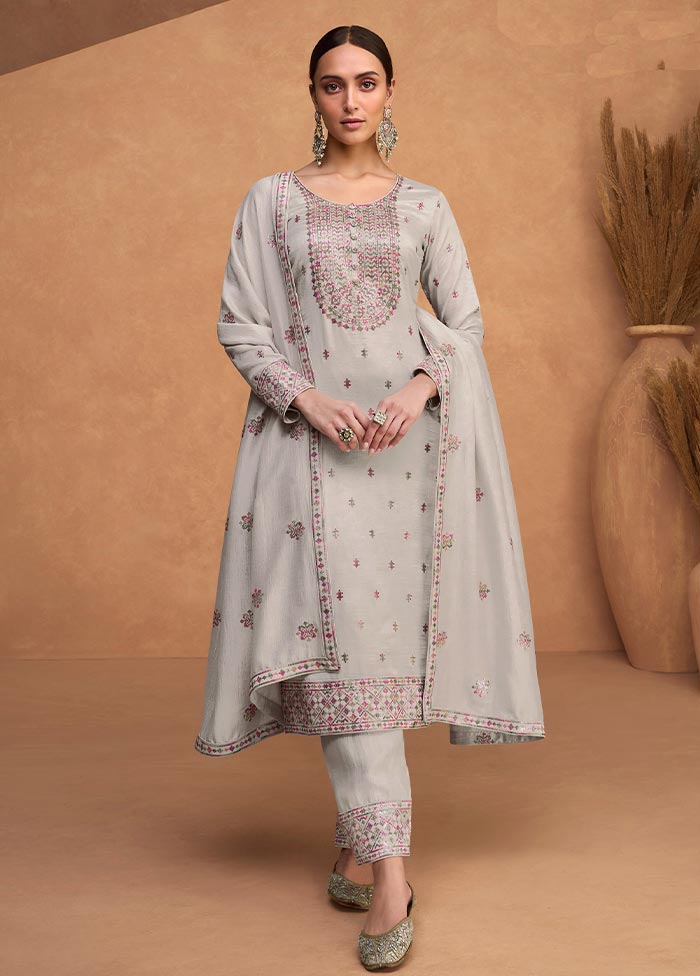 3 Pc Grey Semi Stitched Silk Suit Set Cheapest Pice Online