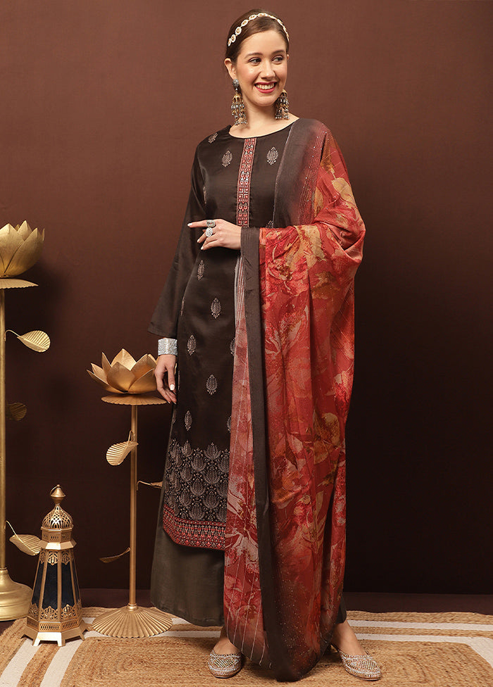 3 Pc Brown Unstitched Silk Suit Set Sale With Mastercard