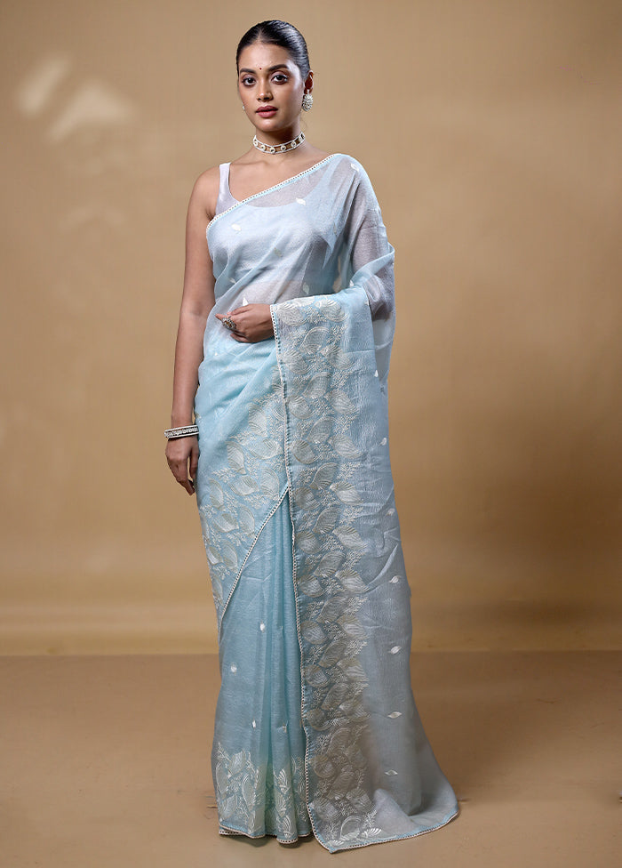 Blue Crushed Tissue Silk Saree With Blouse Piece Sale Browse