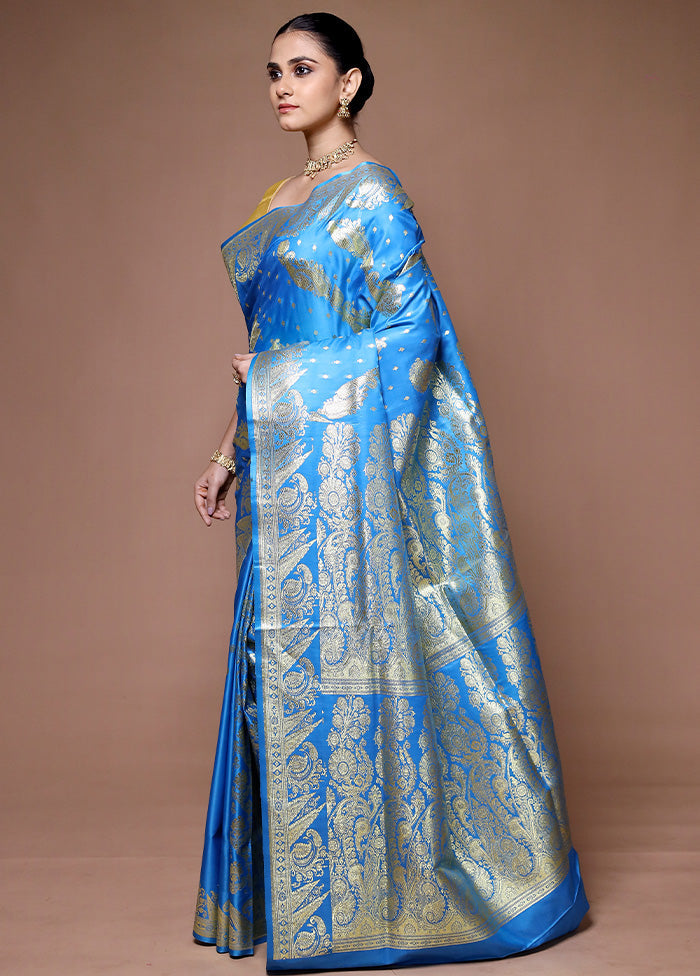 Blue Banarasi Silk Saree With Blouse Piece For Cheap Pice