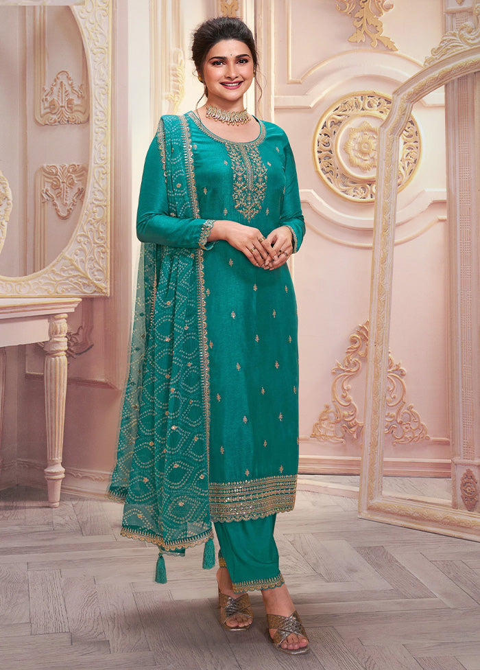 3 Pc Sea Green Semi Stitched Georgette Suit Set Sale 100% Original