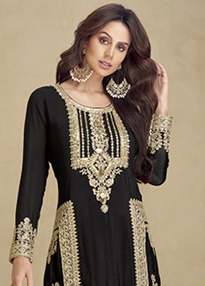 3 Pc Black Semi Stitched Georgette Suit Set Cheap Genuine