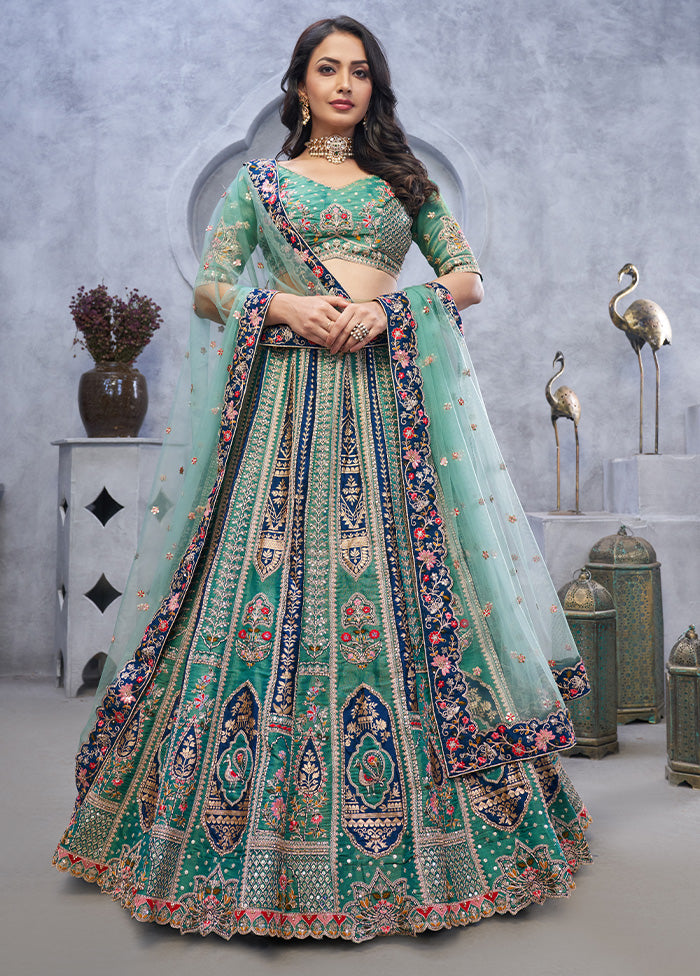 3 Pc Green Silk Semi Stitched Lehenga Set Cheap Sale Wiki