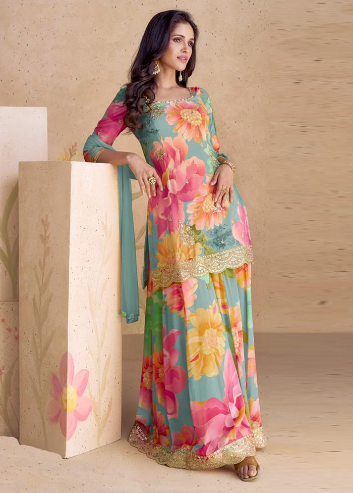 3 Pc Multicolor Semi Stitched Silk Suit Set Sale With Mastercard