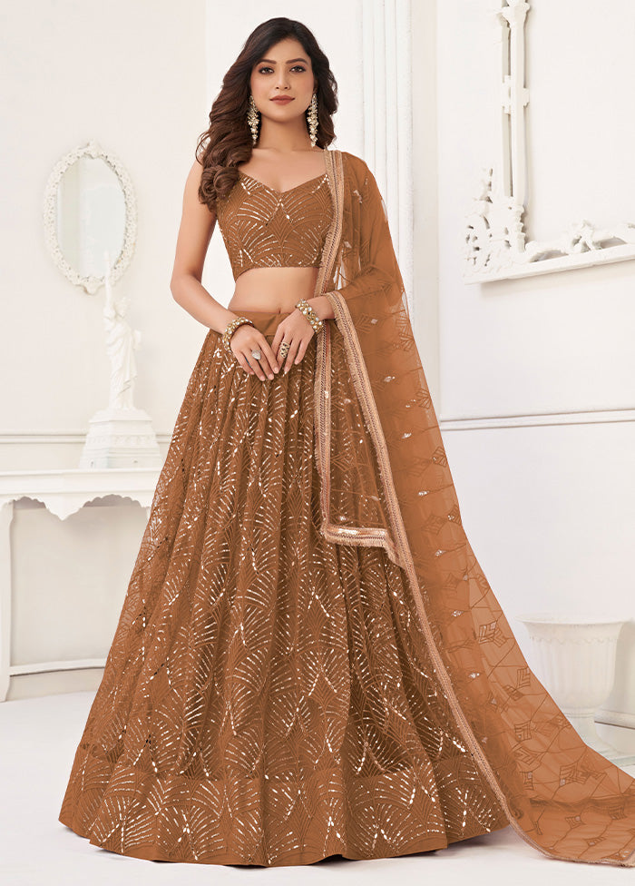 3 Pc Brown Net Semi Stitched Lehenga Set Cheap Pick A Best