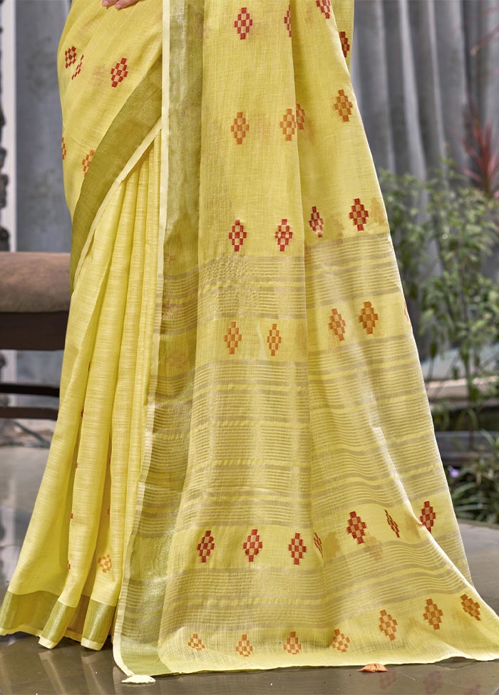 Yellow Linen Silk Saree With Blouse Piece Cheapest Pice Online