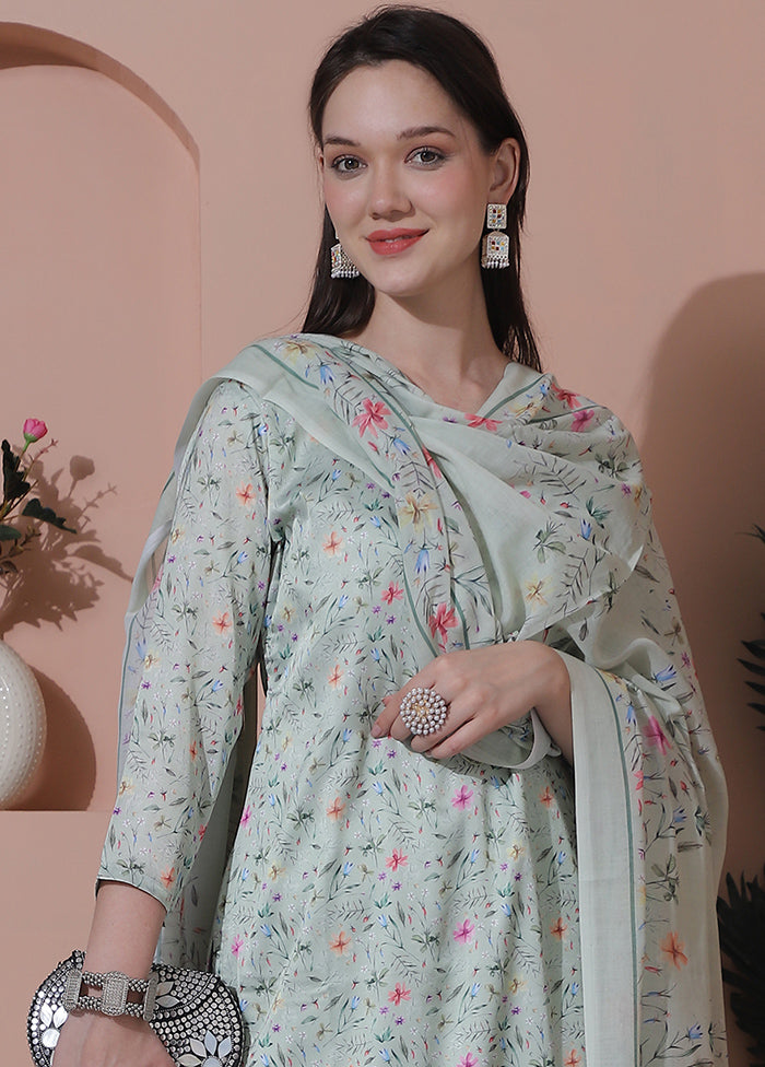 3 Pc Green Unstitched Silk Suit Set Looking For For Sale