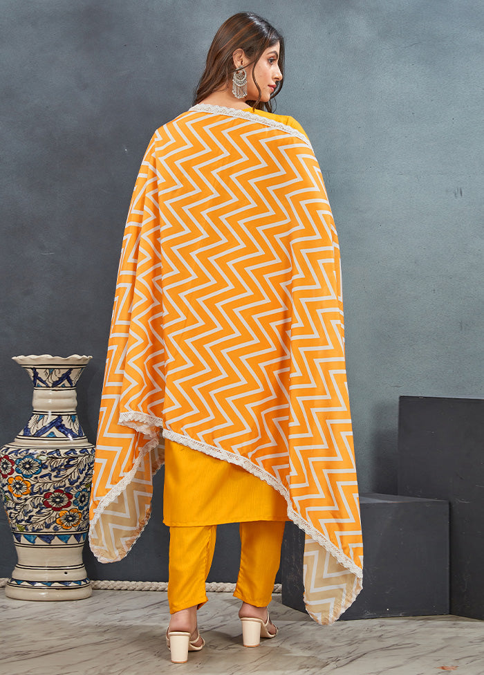 3 Pc Yellow Readymade Rayon Dupatta Suit Set Affordable Online