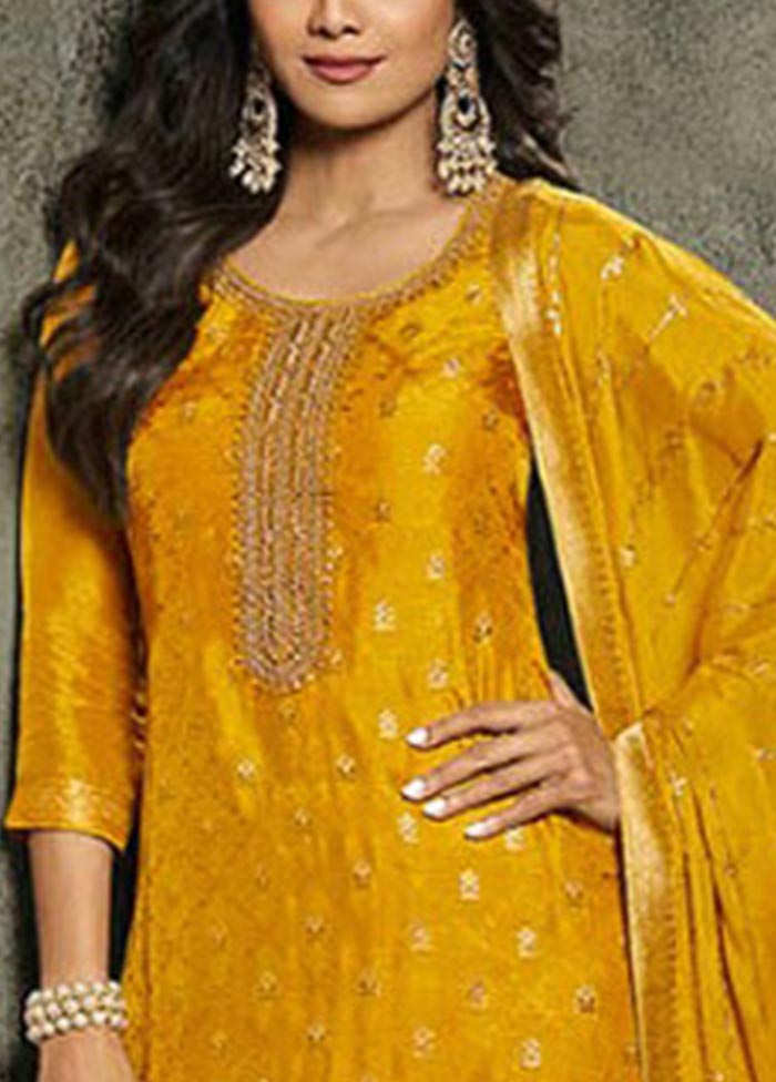 3 Pc Mustard Semi Stitched Viscose Suit Set Sale Free Shipping