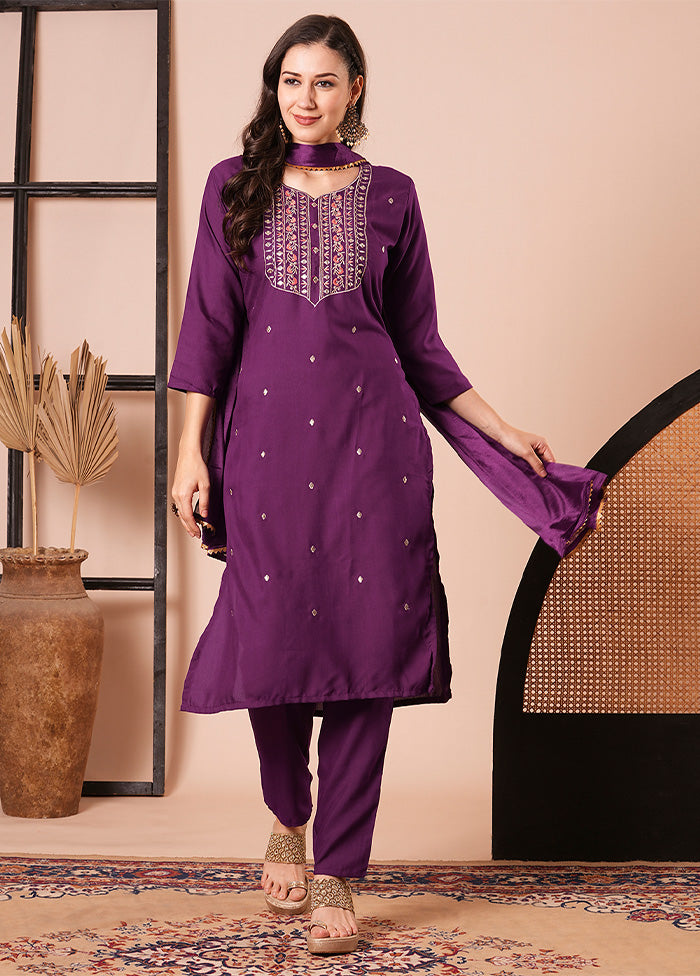 3 Pc Purple Readymade Rayon Dupatta Suit Set Cheap Sale Comfortable