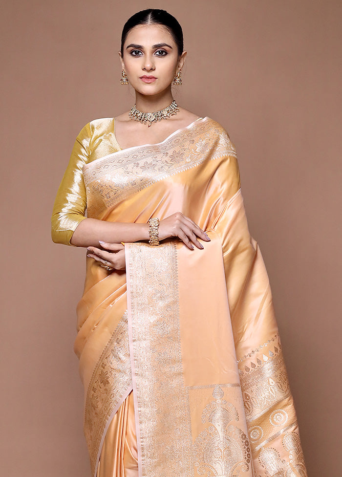 Peach Banarasi Silk Saree With Blouse Piece Sale Cheap Pice