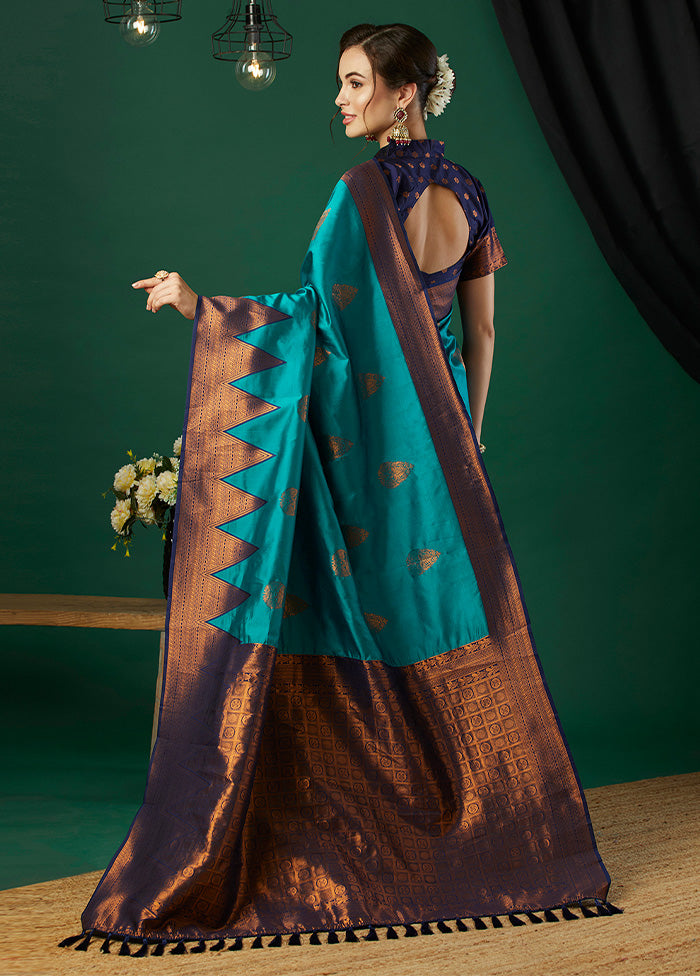 Aqua Banarasi Silk Saree With Blouse Piece With Mastercard