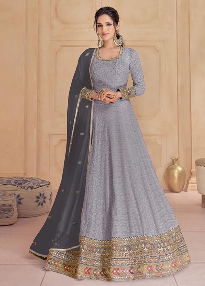 3 Pc Grey Semi Stitched Georgette Suit Set Fast Delivery Online