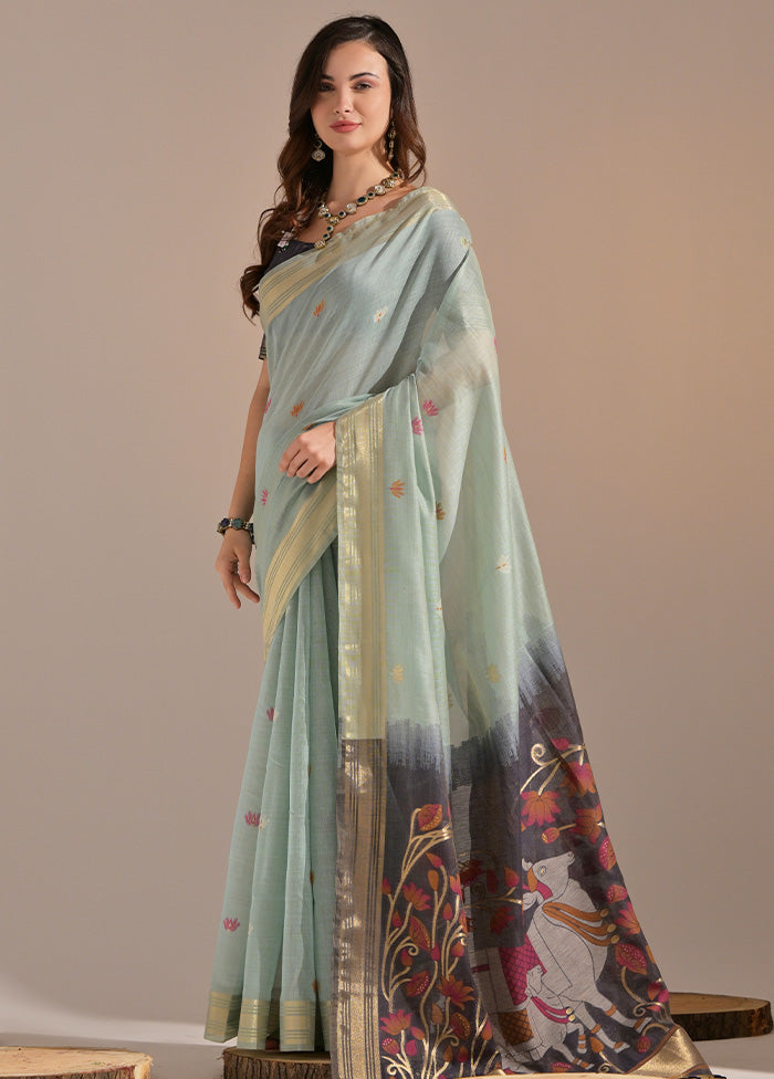 Sea Green Pure Cotton Saree With Blouse Piece Discount Outlet Store