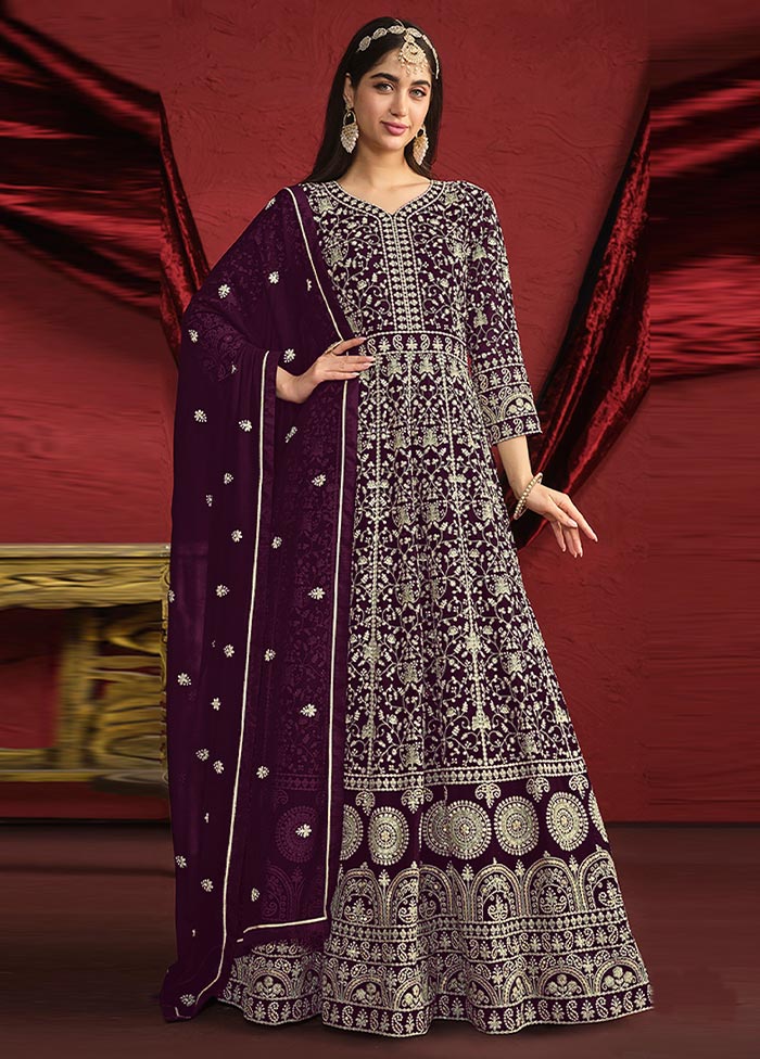 3 Pc Wine Semi Stitched Georgette Suit Set Outlet Choice