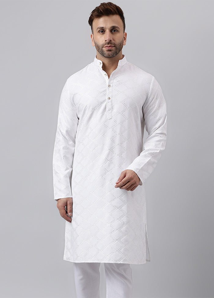 White Viscose Jacquard Long Kurta Sale Clearance