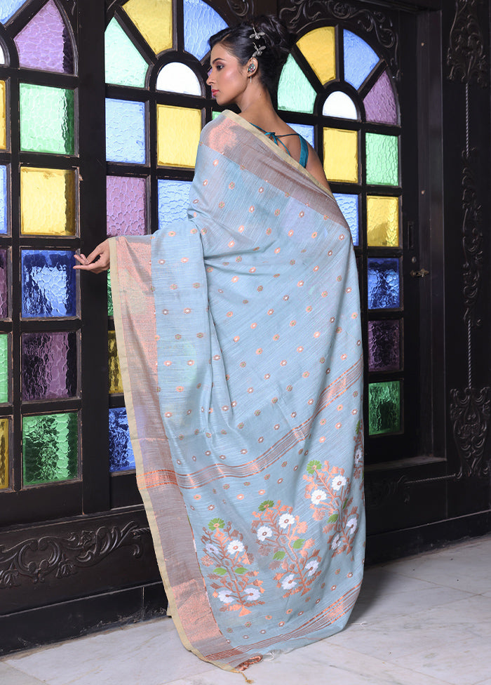 Sky Blue Pure Cotton Saree With Blouse Piece Sale Visa Payment