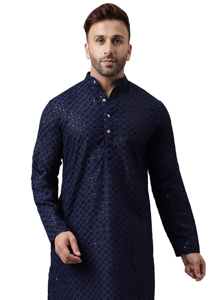 Navy Blue Silk Embroidered Kurta Cheap Sale Low Pice