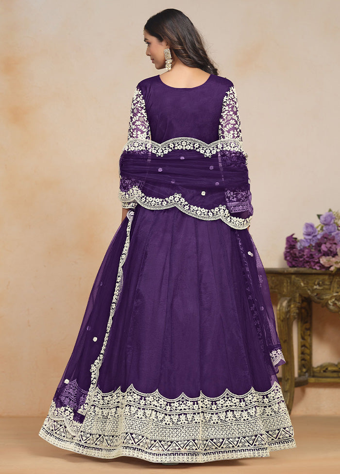 3 Pc Purple Semi Stitched Net Suit Set Pices Online