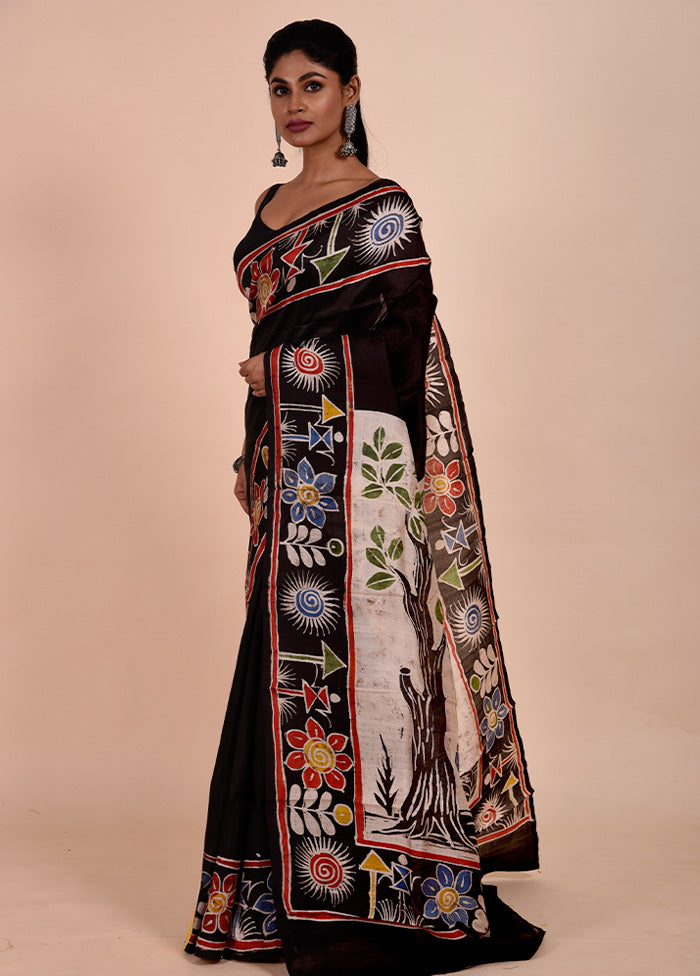 Black Printed Pure Silk Saree Without Blouse Piece Clearance Free Shipping