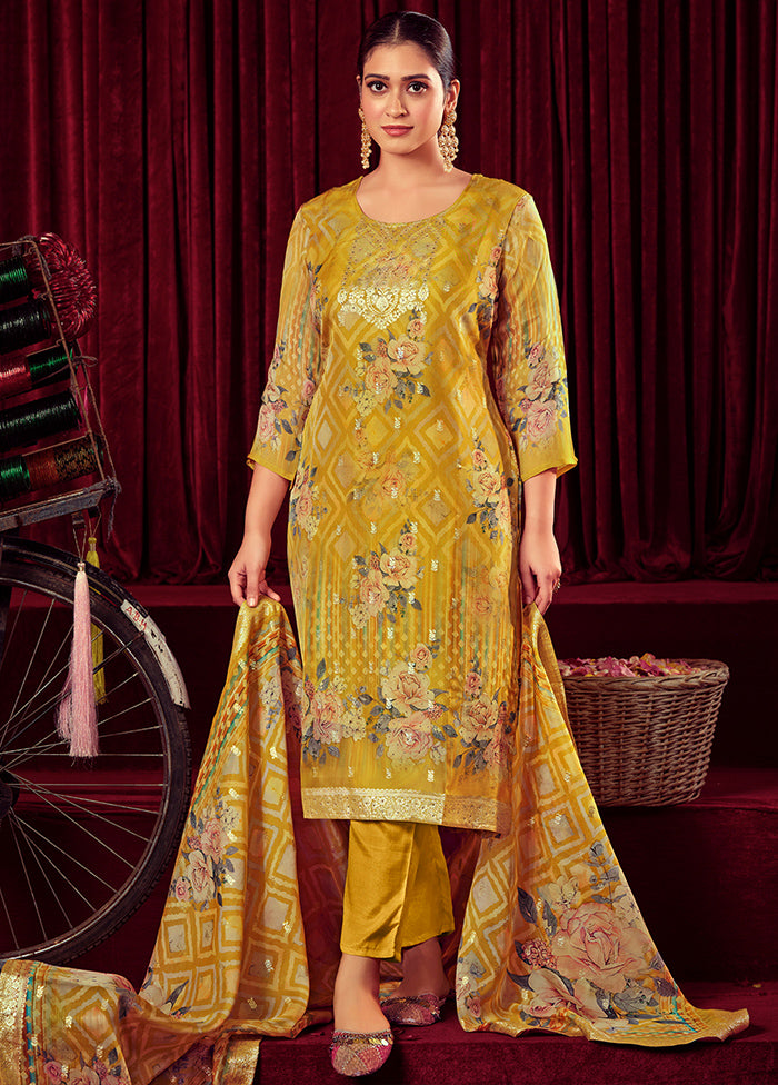 3 Pc Mustard Unstitched Net Suit Set Discount Big Sale