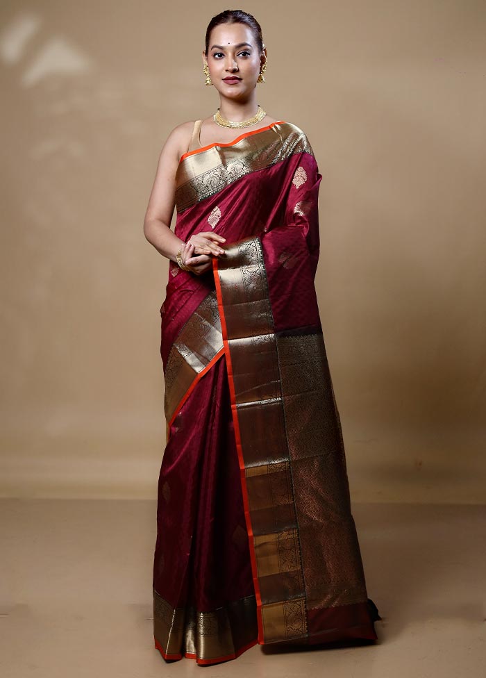 Maroon Handloom Kanchipuram Pure Silk Saree With Blouse Piece Cheap Sale Cheapest