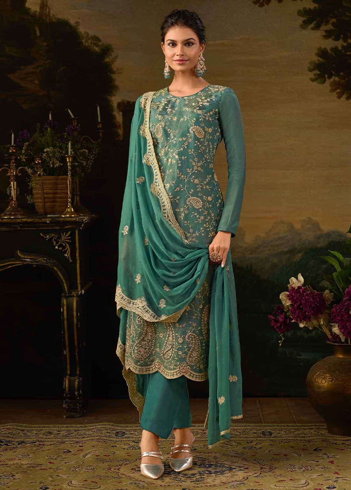 3 Pc Green Semi Stitched Silk Suit Set Free Shipping Shop For