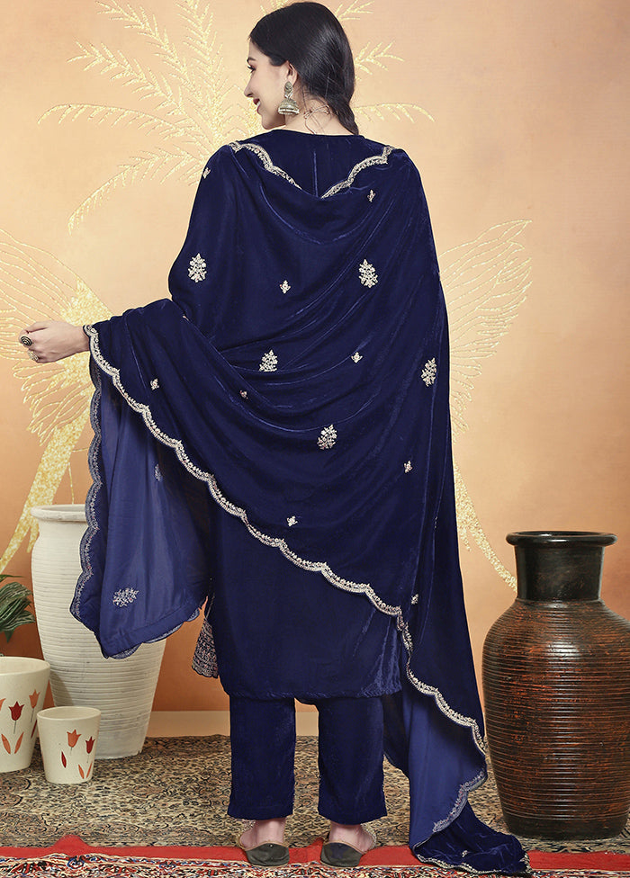 3 Pc Navy Blue Unstitched Velvet Suit Set Discount Latest Collections