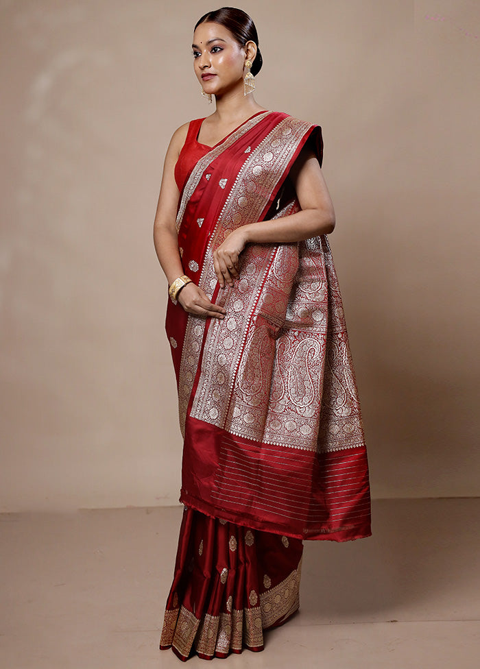 Maroon Handloom Banarasi Pure Silk Saree With Blouse Piece Cheap With Paypal