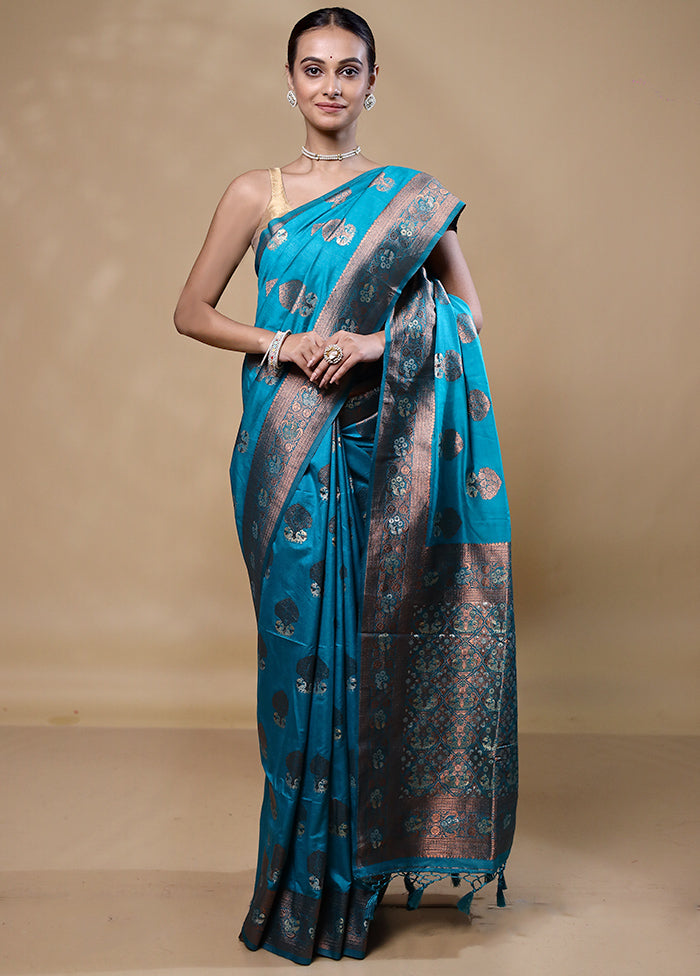 Blue Dupion Silk Saree With Blouse Piece Clearance With Credit Card