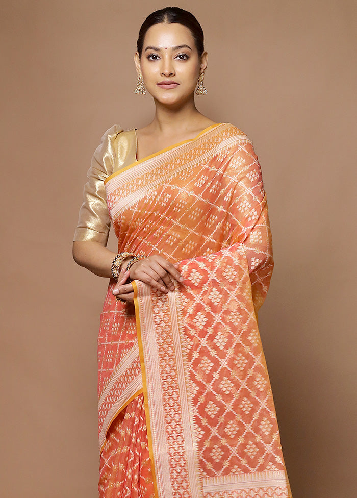 Orange Kora Silk Saree With Blouse Piece Cheap Sale From China