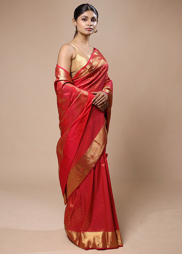 Red Kanjivaram Silk Saree With Blouse Piece Discount Cheap Online